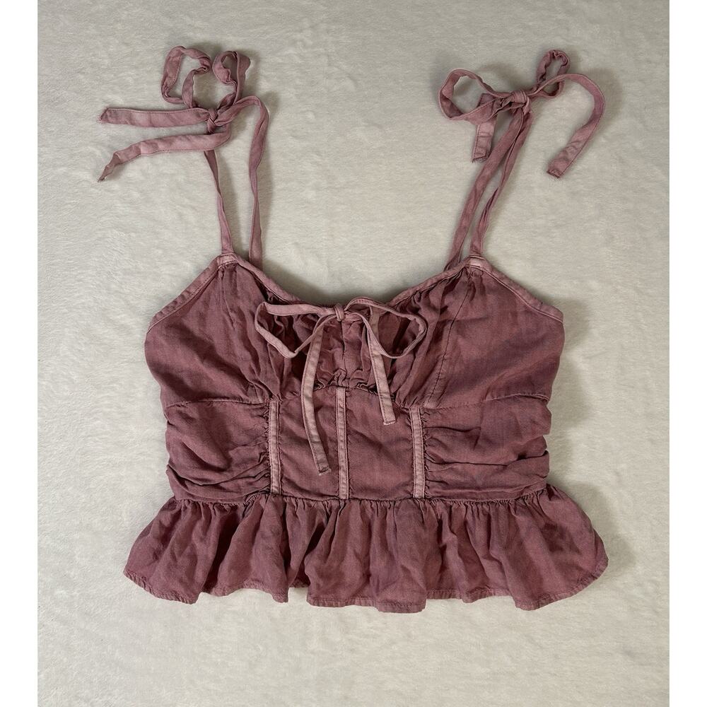 American Eagle Tie Shoulder Pink Ruffle Top Size XS Balletcore Coquette Festival